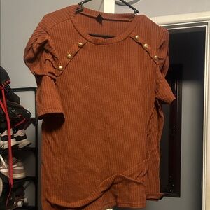 SHEIN Brown Ribbed Top with Gold Buttons